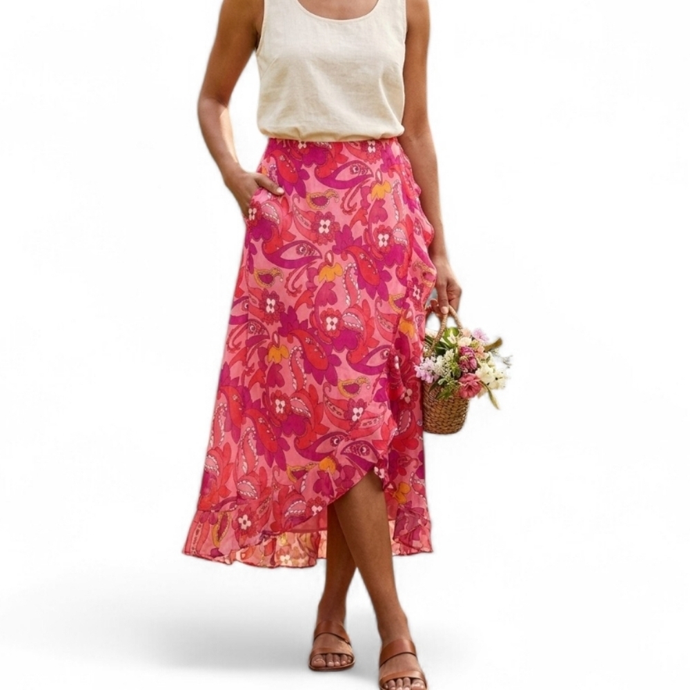 Copper Key Pink Floral Paisley Faux Wrap Maxi Skirt